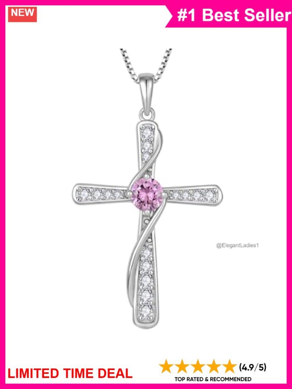 Sterling Silver Pink Tourmaline Cross Pendant Necklace 32mm High 23mm Wide